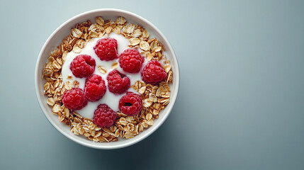 Muesli in a bowl, with copy space, featuring a top view of a healthy breakfast, with granola, fruit, oat, and milk, as a nutritious food and meal option.