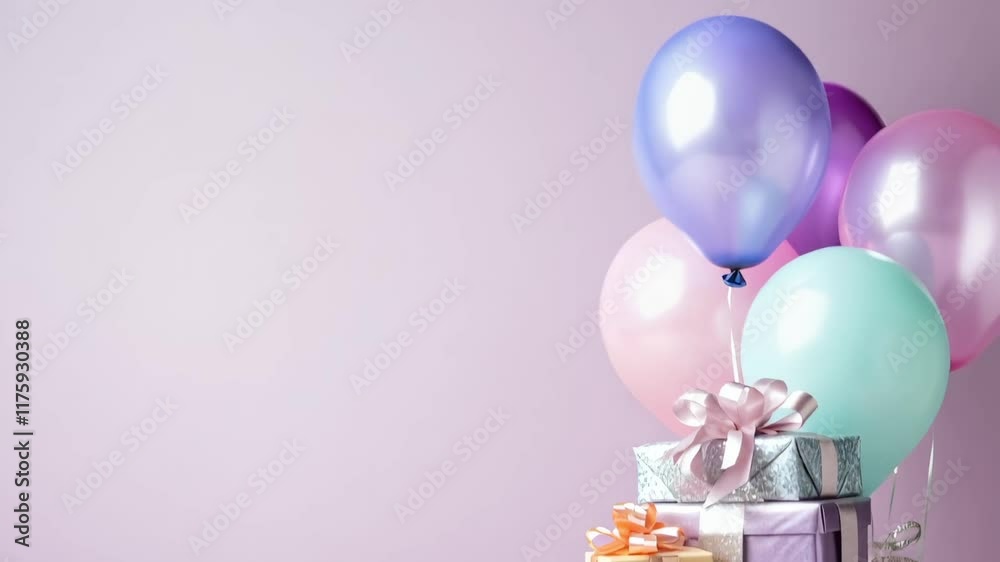 Aufkleber stacked gift boxes adorned with pastel ribbons and bows resting beneath floating balloons create a c