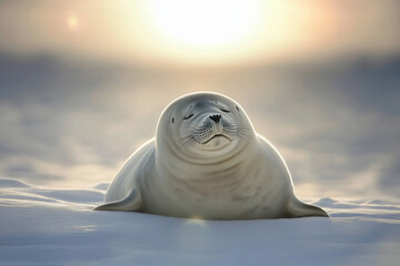 A Weddell seal basking under the Antarctic sun on a snow-covered beach, its round body and calm demeanor exuding relaxation