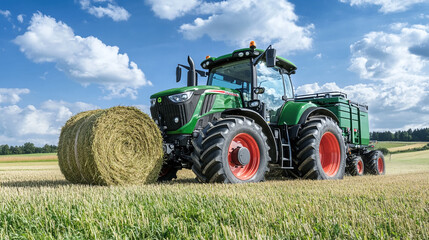 Obraz premium Tractor with hay, on a farm, pulling a trailer, in a countryside field, featuring a bale, for agriculture work, in a rural meadow setting.