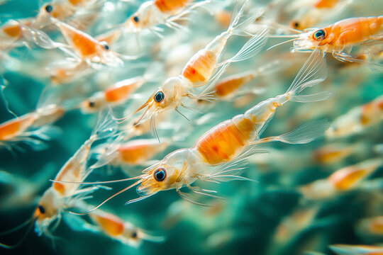 A school of Antarctic krill swimming in crystal-clear waters, their translucent bodies glowing in the sunlight