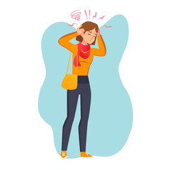 Cartoon woman in casual outfit. Young female character standing has a headache or migraine. Student girl carrying a shoulder bag. face expression vector flat style