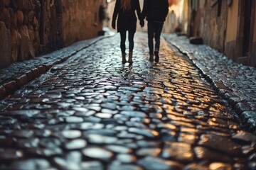 A soft - focus image of a couple walking hand - in - hand down a cobblestone street Valentine&rsquo;s Day card