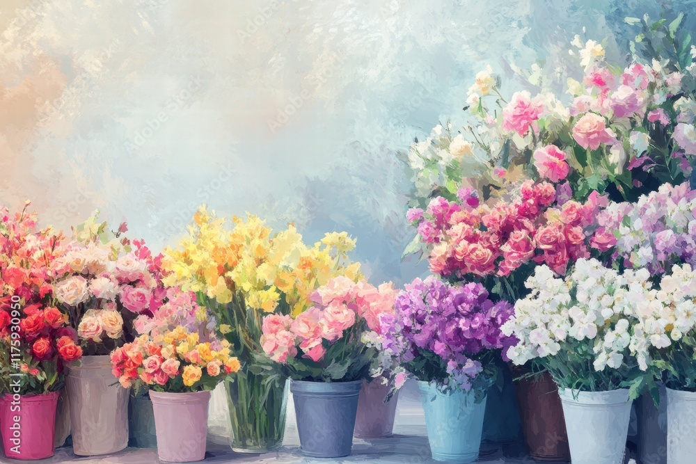 Aufkleber Colorful arrangement of flowers in various pots creating a vibrant display in a charming setting. Generative AI
