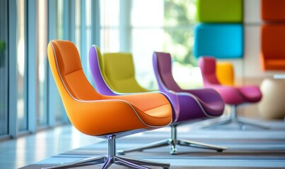 Colorful modern chairs in a bright office setting