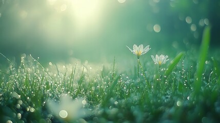 Obraz premium A soft, blurred morning dew on a meadow with a clear, open sky for text