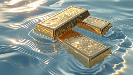 Gold bars floating on rippling water with sunlight reflections