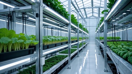 Indoor hydroponic vertical farm with rows of leafy greens