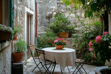 Fototapeta premium A small outdoor dining area with a round wooden table, linen tablecloth, and fresh flowers