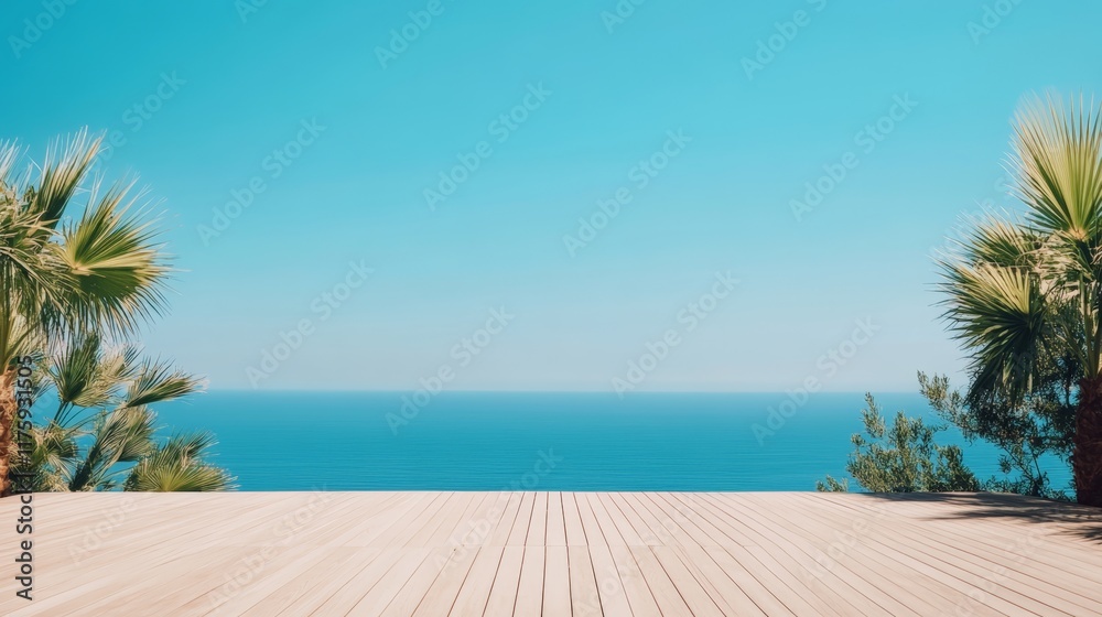 Poster wooden terrace overlooking a tranquil ocean on a sunny day, with palm trees framing the serene view,