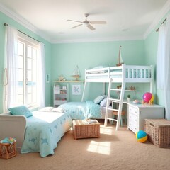 Children's room interior design. Coastal style children's room interior design. Architecture interior. Coastal interior. Coastal style.