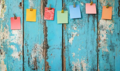Assorted Colorful Sticky Notes Pinned on a Weathered Blue Wooden Background