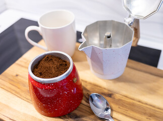 making coffee in a coffee pot on an electric stove, morning coffee in a coffee pot