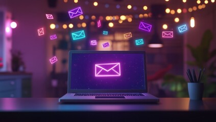 A laptop displaying animated email icons in a cozy, illuminated environment.