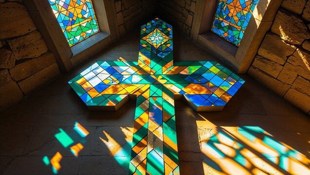 Stained glass cross casting colorful light in a chapel