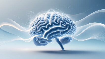 Fototapeta premium A luminous brain emits soft waves of calming energy in pale blues and whites, evoking mental focus and harmony on a serene gradient backdrop