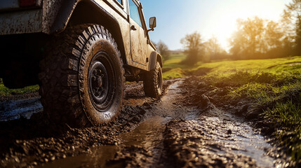 Angle focused on the wheel during off-road vehicle driving on muddy terrain in sunlight. Vehicle introduction, battery introduction, vehicle care products introduction background.