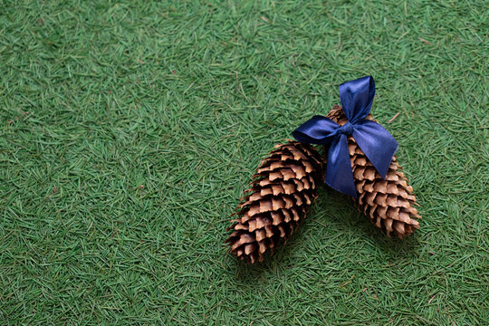 New Year and Christmas background. a pine needless scattering and cones, dark green textured background