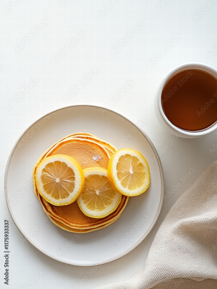 Poster fluffy pancakes topped with fresh lemon slices served with a warm cup of tea on a white table. gener