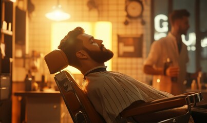 Barber detailing a beard trim, cozy and modern barber shop with warm lighting, vintage barber chair in focus, precise attention to craft,