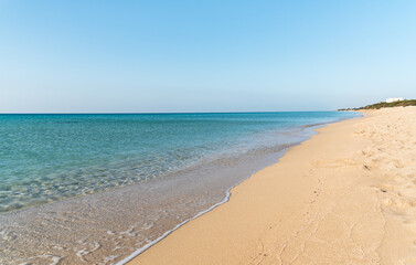 The sandy beach of the San Pietro in Bevagna village is a seaside resort on the shore of the Ionian Sea, in the province of Taranto, Puglia, Italy.