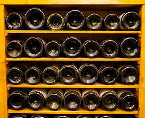 Choosing bottle of wine in cellar, closeup. NATIONAL WINE DAY