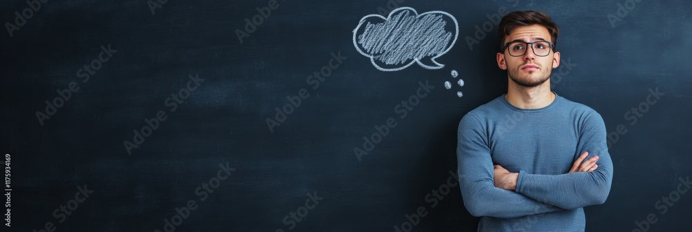 Poster young student with folded arms standing next to a blackboard with an empty speech bubble drawn on it