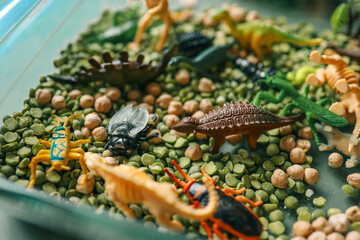 Educational sensory play setup for kids featuring plastic insects, rocks, a magnifying glass, and dry green peas and chickpeas in a glass container. Creative nature-inspired exploration activity
