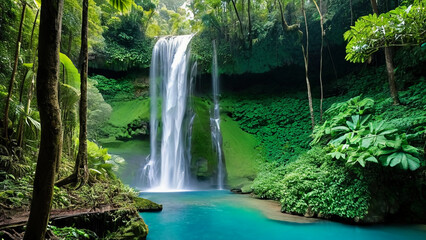 Naklejka premium View of a Tiered Waterfall with Clear Blue Water in the Middle of a Lush Green Forest