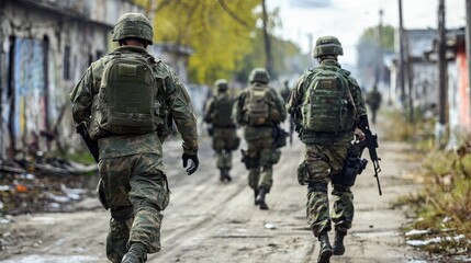 A group of soldiers walk down a war-torn street. The image evokes a sense of conflict and displacement.