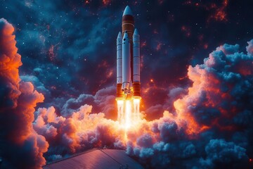 laptop screen bursts with vibrant energy as a rocket symbolizing innovation and startup dreams emerges, surrounded by a backdrop of colorful neon lights creating a dynamic atmosphere