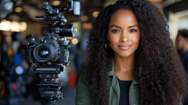 A confident female African American Black videographer smiles in front of a professional camera, symbolizing creativity, media, and storytelling in the world of visual content creation..