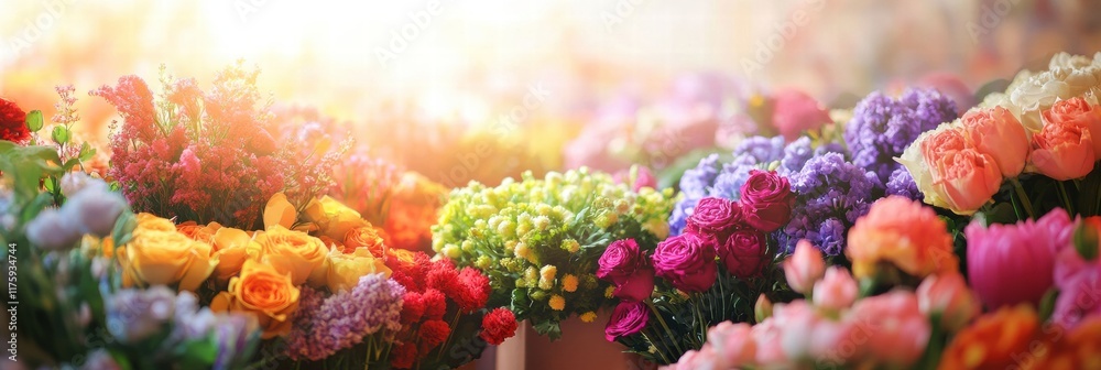 Poster colorful flower market during golden hour with various blooms on display and sunlight illuminating t