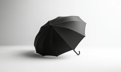 Isolated black umbrella opened on a seamless white floor, sharp contrast and shadows, embodying functional minimalism,