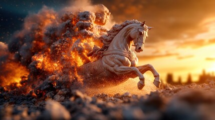 Fototapeta premium A majestic horse bursts through a cloud of smoke and fire, symbolizing strength, freedom, and the raw beauty of nature in a dramatic and captivating representation of motion.