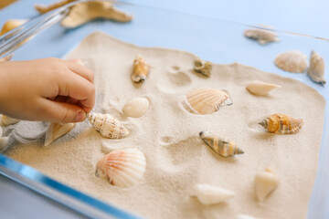 Close-up of a child’s hand exploring seashells in a glass dish filled with sand on a light blue...