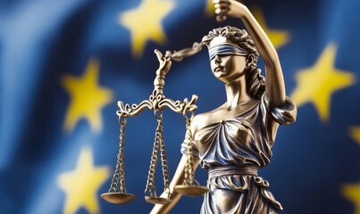Fototapeta premium Lady Justice statue in front of European Union flag symbolizing law and justice