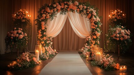Elegant wedding ceremony arch with flowers and candles.