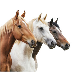 Fototapeta premium Horses of different colors standing together on a transparent background in soft natural light, horses isolated on transparent background