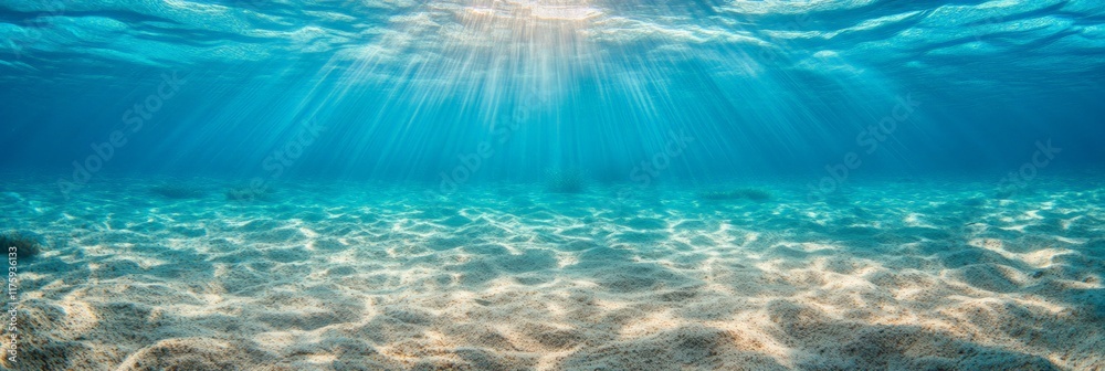 Aufkleber Sunbeams are penetrating the surface of a calm ocean, creating a mesmerizing display of light and shadow on the sandy seabed below, evoking tranquility and the beauty of untouched nature
