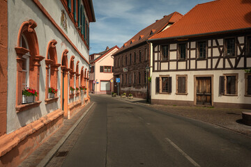 Authentic Cityscape of a small Town with historic Houses in Southern Germany on a sunny Summer Day with blue Sky; Copy Space