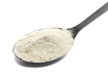 Organic coconut flour in metal spoon isolated on white, side view, clipping