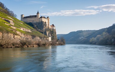 Naklejka premium Romantic Rhine Valley, Medieval castle on riverbank, vineyards, sunny day.