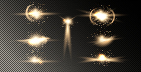 Light effect of lens flares. Set of o light starburst effects with sparkles on a grey transparent background. 