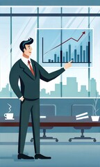 Obraz premium Businessman presenting growth chart in a modern office environment with city view