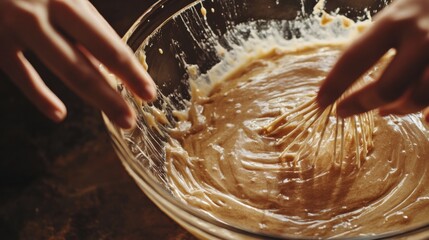 Whisking pancake batter in a glass bowl during a cozy morning kitchen session. Generative AI