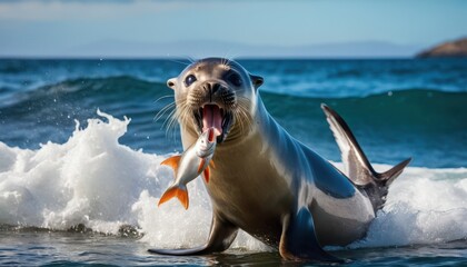 Seal interacting with a fish in crystal-clear ocean waves. A vivid and energetic depiction of wildlife in its natural habitat, perfect for marine-themed visuals