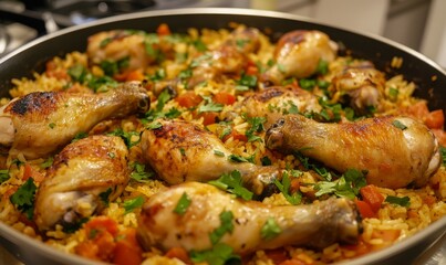 Fototapeta premium Grilled chicken drumsticks with spicy rice and fresh herbs