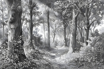 Intricate Forest Scene with Majestic Trees and Serene Pathway in Detailed Hatch Style