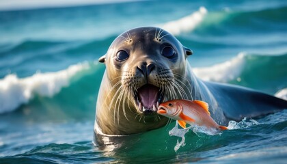 Fototapeta premium Close-up of a cheerful seal in the water with a bright orange fish. An engaging and dynamic snapshot of marine life and nature’s harmony
